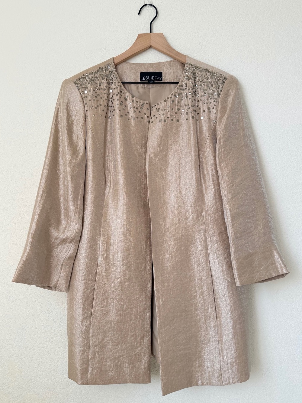 Leslie Fay Shimmery Champagne Open-Front Jacket with Shoulder Embellishments 16